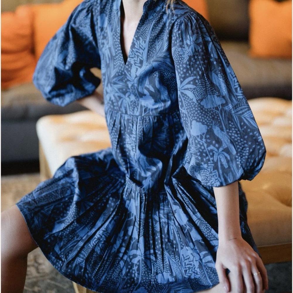 Briton Court Hattie Dress In Dutch Blue Balloon‎ Puff Sleeves Tropical Palm Sz M
